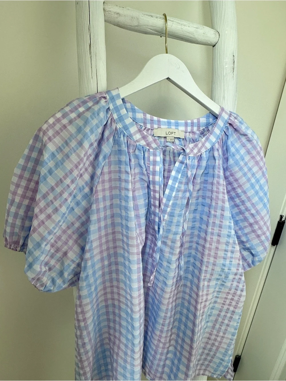 LOFT Lavender & Light Blue Gingham Puff-Sleeve Peasant Blouse Size Large